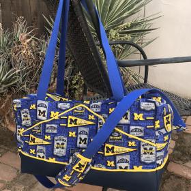 Front - Handmade UofM duffle bag, from licensed fabric