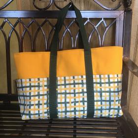 Small heavy duty tote bag, Oakland A's green/yellow/white plaid