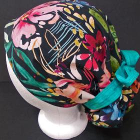 Reversible scrub cap short & medium length hair, ties, pony tail, nurse tech technician doctor medical chemo hat head cover watercolor black
