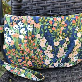 Pleated floral wristlet clutch purse, recessed zipper top, removable swivel wrist strap, cosmetic bag, make up pouch, bridesmaid gift, garden wedding, blue green peach orange flowers