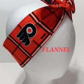 FLANNEL 3” wide Philadelphia Flyers headband, self tie, hair wrap, hair tie, pin up style, scarf, bandana, retro, rockabilly, handmade