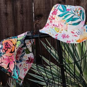 Black / White Reversible Watercolor Floral Bucket Hat, S-XXL, Cotton, Multicolor, Tropical Flowers, Sun Hat, Floppy Hat
