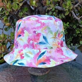 Watercolor Floral Bucket Hat,  Reverses to Pink or Green, Tropical Print Floppy hat, Sun Hat, Beach Hat, sizes up to 4XL