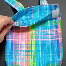 Simple small basic bag for crutch, walker, stroller, scooter handlebars, bed rail, caddy, hook and loop, bright plaid, blue pink green orange