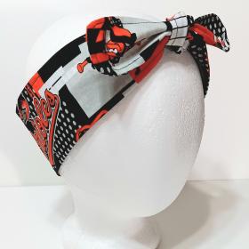 3” wide Baltimore Orioles headband, self tie, black, white & orange modern print, hair tie, hair wrap, pin up style, scarf, rockabilly style, handmade