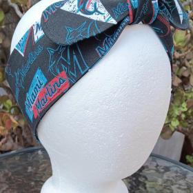 3” wide Miami Marlins self tie fabric headband, black/blue/red/white, hair tie, hair wrap, pin up style, scarf, handmade