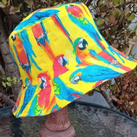 Parrots Macaws Bucket Hat, Unisex Sizes up to 4XL, Sun Hat, Floppy Hat, Tropical Hat, Summer Hat, Ponytail Hat, Bright Yellow
