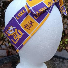 3” Wide Headband Made from LSU Licensed Fabric, self tie, hair wrap, pin up style, hair tie, scarf, retro, bandana, Louisiana