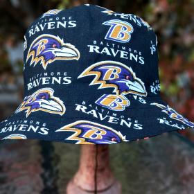 Baltimore Ravens Bucket Hat, Reversible to Black, Sizes S-XXL, Handmade, fishing hat, ponytail hat, sun hat, floppy hat