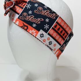 3” Wide Detroit Tigers headband, Christmas winter theme, handmade, self-tie, hair tie, head scarf, pin up style, hair wrap, retro style