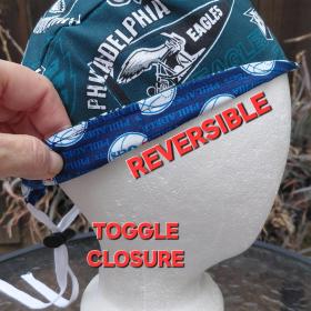 Toggle Cord Lock Reversible Philadelphia Eagles / 76ers scrub cap, adjustable, for nurse, dentist, technician, food service, handmade