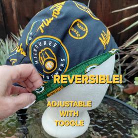 Euro Style Reversible Green Bay Packers / Milwaukee Brewers scrub cap, handmade, adjustable with toggle, for nurse, dentist, technician, food service