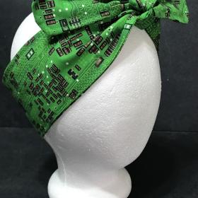 3" Wide green printed circuit board fabric head scarf, tied in front