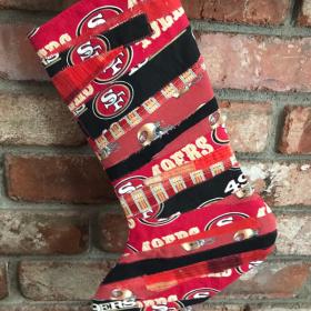 49ers Christmas stocking, scrappy / pieced, red black gold white