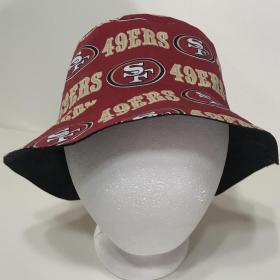 Front view, 49ers bucket hat, red, some black showing under brim