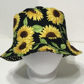 Reversible Sunflower Floral Bucket Hat, Black Background, Adult Sizes, Cotton, Summer Flowers, Handmade Sun Hat, Floppy Hat, Polka Dots