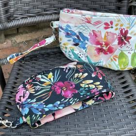 Pleated floral watercolor wristlet clutch purse, recessed zipper top, removable swivel wrist strap, cosmetic bag, make up pouch, bridesmaid gift, garden wedding