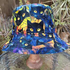 Black Cats Bucket Hat, Stained Glass Look, Reversible to Black, Sizes up to 4XL, sun hat, floppy hat, gift for cat lover, handmade