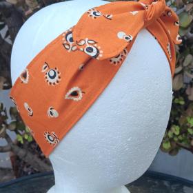 3” Wide Burnt Orange Floral Bandana Print Headband, self tie, hair wrap, pin up style, hair tie, retro style, rockabilly