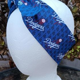 3” Wide LA Dodgers headband, self tie, handmade, hair tie, scarf, pin up style, hair wrap, retro style, rockabilly, small text