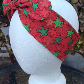 3” Wide Christmas Headband, Green & Red Stars, hair tie, hair wrap, pin up style, rockabilly style, retro style