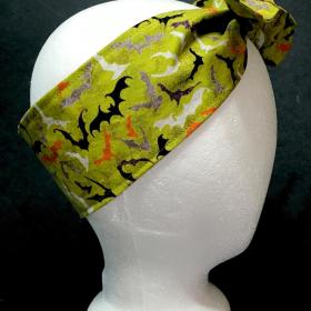 3” Wide Flying Bats headband for Halloween, green, self tie, hair wrap, pin up style, hair tie, hat scarf, hat band