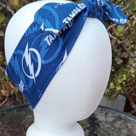 3” Wide Tampa Bay Lightning headband, self tie, handmade, hair wrap, pin up style, hair tie, scarf, rockabilly, bandana, hockey