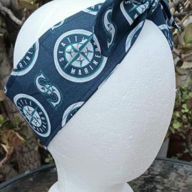 3” Wide Seattle Mariners headband, self tie, hair wrap, pin up style, hair tie, scarf, retro style, handmade