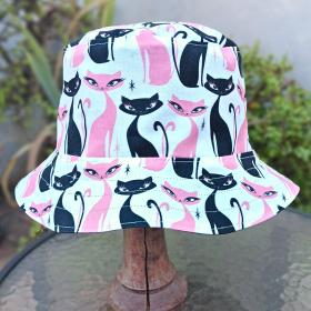 Mod Cats Bucket Hat, Reversible to Black, Sizes up to 4XL, summer hat, sun hat, floppy hat, retro style gift for cat lover, handmade