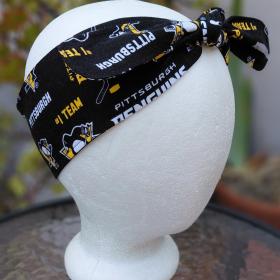 Pittsburgh Penguins headband, handmade, 3" wide, self tie, pin up style, hair tie, scarf, bandana, hat band