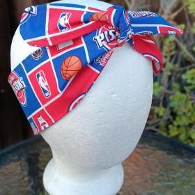 3” Wide Detroit Pistons Headband, Handmade, self tie, hair wrap, pin up style, hair tie, bandana, head scarf, retro style, basketball