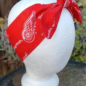 3” Wide Detroit Red Wings Headband, Red, Handmade, self tie, hair wrap, pin up style, hair tie, bandana, head scarf, retro style, rockabilly, hockey