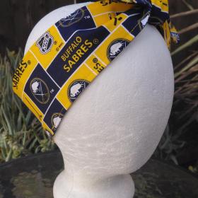 Buffalo Sabres headband, handmade, 3" wide, self tie, hair wrap, pin up style, scarf, hockey