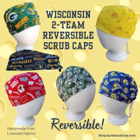 Reversible Wisconsin Teams Scrub Cap, handmade, adjustable, short hair, gift for nurse, dentist, technician, food service