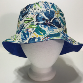 Canvas Watercolor Floral Bucket Hat, Reversible, Blue Flowers, Sizes S-XXL, Cotton, Tropical Floppy Hat, adults or older children