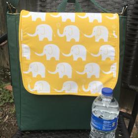 Slim tall messenger style cross body canvas bag, sized for a scorebook, vinyl bottom, White Elephants, Oakland A's Athletics baseball fan, tote, satchel