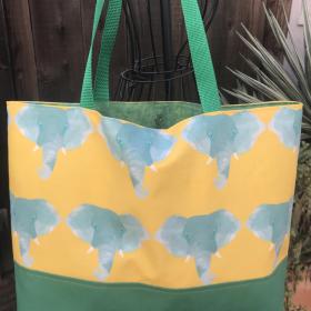 Tote bag, canvas bottom, green watercolor elephants on yellow, magnetic snap, one pocket