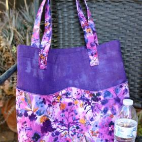 Purple Floral Tote Bag w/ Wavy Pockets, Woman's, Errands, Market Shopping Bag, Flowers, Butterflies
