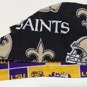 Tie Back Reversible New Orleans Saints & LSU scrub cap, handmade, cotton, unisex, skull cap, welding, biker nurse technician doctor, Louisiana