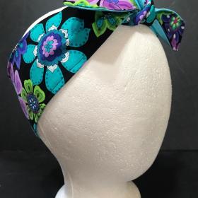 3” Wide Reversible Floral headband, hair wrap, pin up, hair tie, neckerchief, retro style, rockabilly, purple blue green black