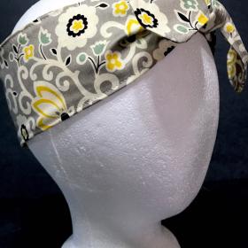 3” Wide Grey and Yellow Floral headband, self tie, hair wrap, pin up style, hair tie, retro style, scarf
