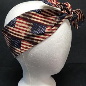 3” Wide American flag headband, self tie, hair wrap, pin up style, hair tie, retro style, rockabilly, stars & stripes