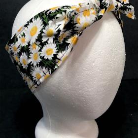 3” Wide Daisies Floral headband, hair wrap fabric headband, pin up, hair tie, neck, retro hair accessory, handbag scarf, flowers