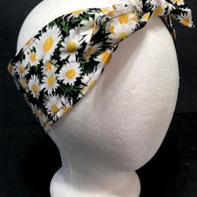 3” Wide Daisies Floral headband, self tie, hair wrap, pin up style, hair tie, retro style, rockabilly