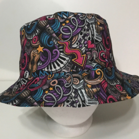 Front view, multicolored music theme bucket hat with doodle style print