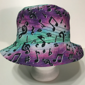 Music Theme Bucket Hat, Musical Notes & Symbols, Reversible, Sizes S-XXL, cotton, floppy hat, aqua purple black white, adults or older children