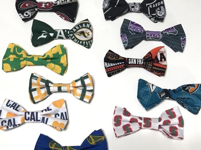 Adult size bow tie, adjustable strap, Northern CA, cotton fabric, Oakland A's, elephants, 49ers, Sacramento Kings, SJ Sharks, Warriors, SF Giants, Raiders, team colors