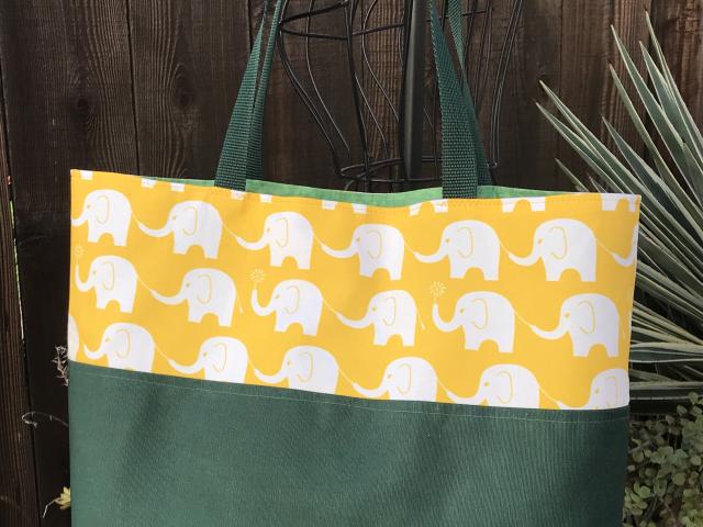 Tote bag, canvas bottom, white elephants on yellow,