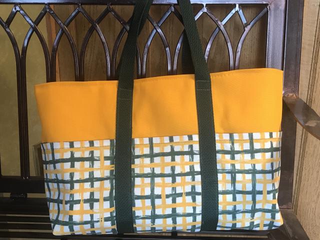 Small heavy duty tote bag, Oakland A's green/yellow/white plaid