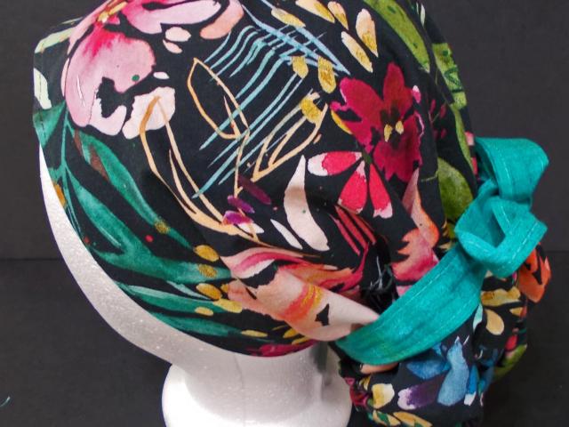 Reversible scrub cap short & medium length hair, ties, pony tail, nurse tech technician doctor medical chemo hat head cover watercolor black